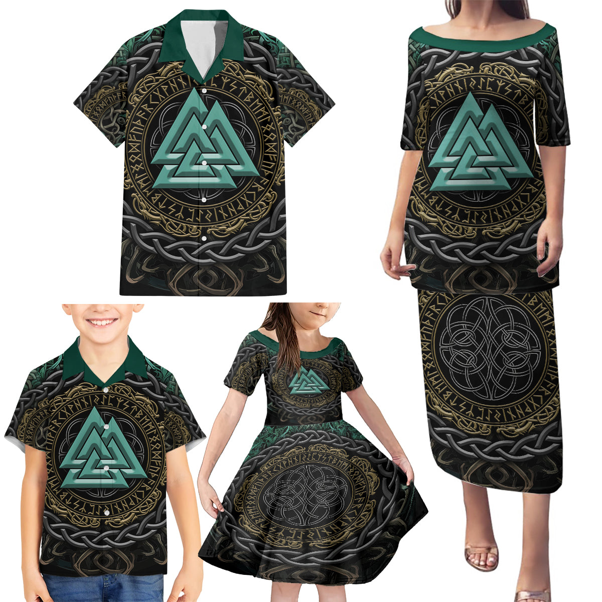 Viking Family Matching Puletasi Dress and Hawaiian Shirt Cyan Valknut and Yggdrasil - Wonder Print Shop