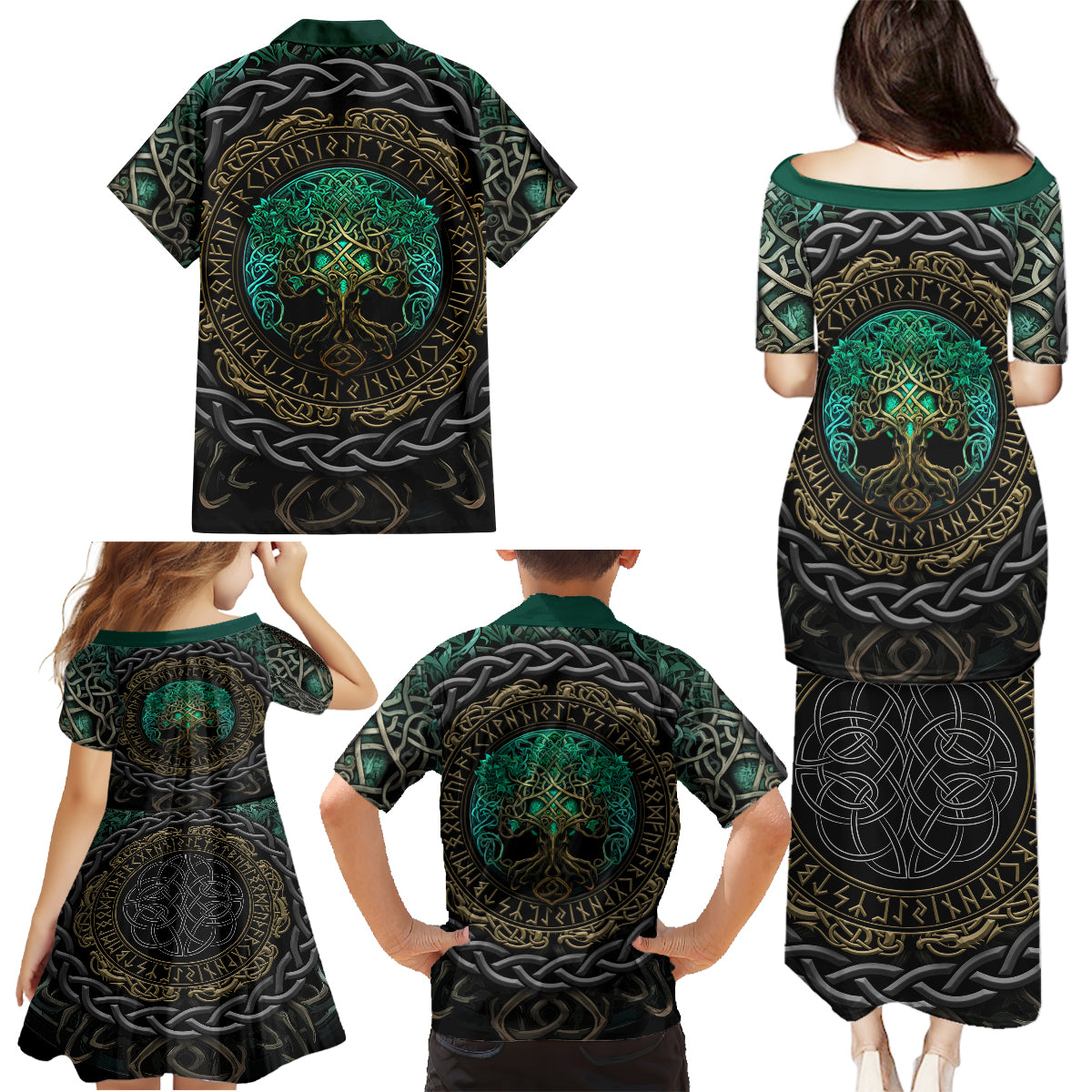 Viking Family Matching Puletasi Dress and Hawaiian Shirt Cyan Valknut and Yggdrasil - Wonder Print Shop