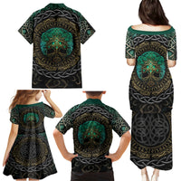 Viking Family Matching Puletasi Dress and Hawaiian Shirt Cyan Valknut and Yggdrasil - Wonder Print Shop