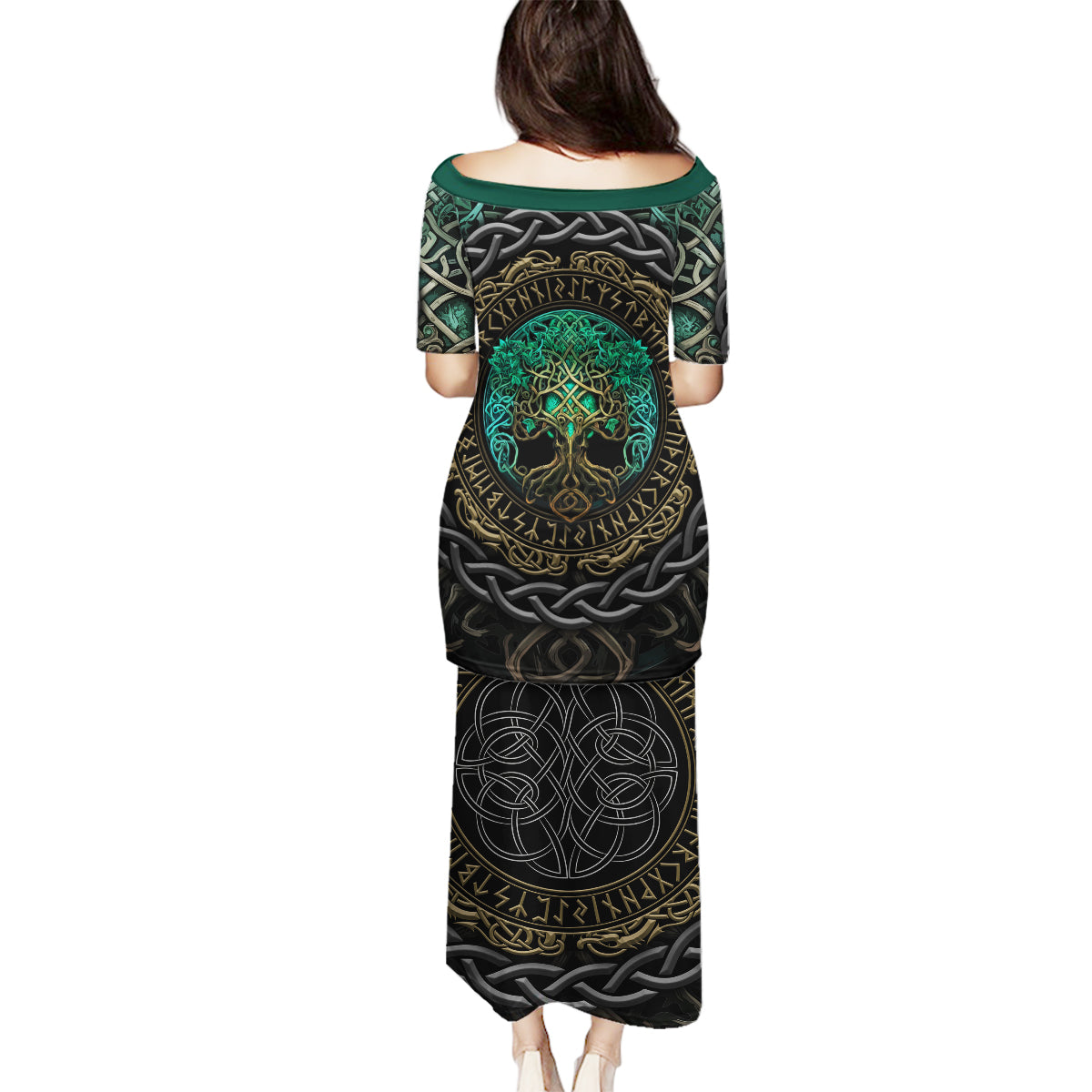 Viking Family Matching Puletasi Dress and Hawaiian Shirt Cyan Valknut and Yggdrasil - Wonder Print Shop