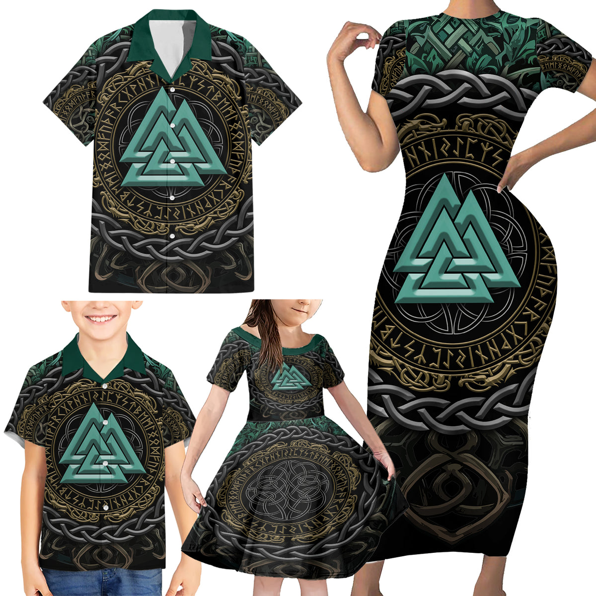 Viking Family Matching Short Sleeve Bodycon Dress and Hawaiian Shirt Cyan Valknut and Yggdrasil - Wonder Print Shop