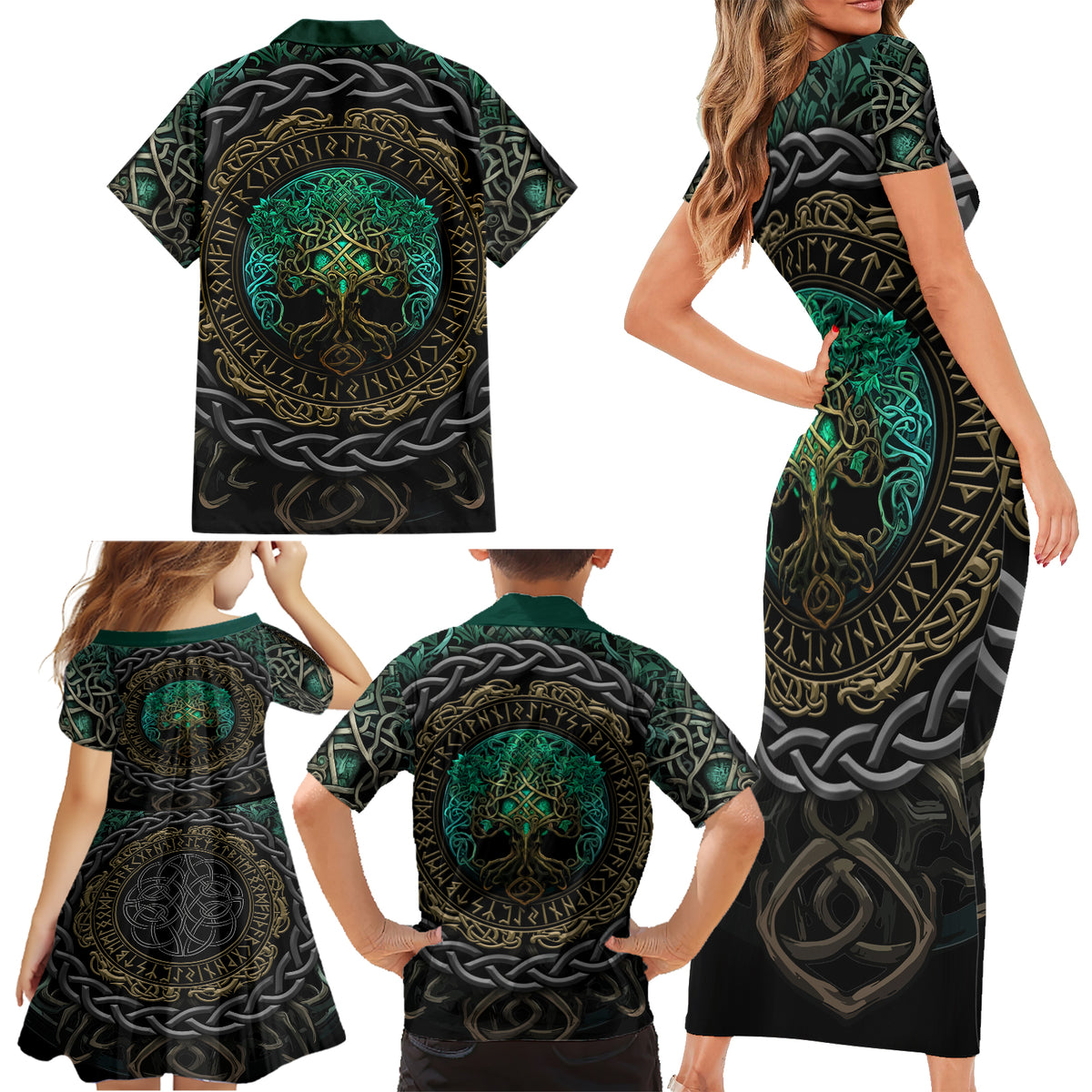 Viking Family Matching Short Sleeve Bodycon Dress and Hawaiian Shirt Cyan Valknut and Yggdrasil - Wonder Print Shop