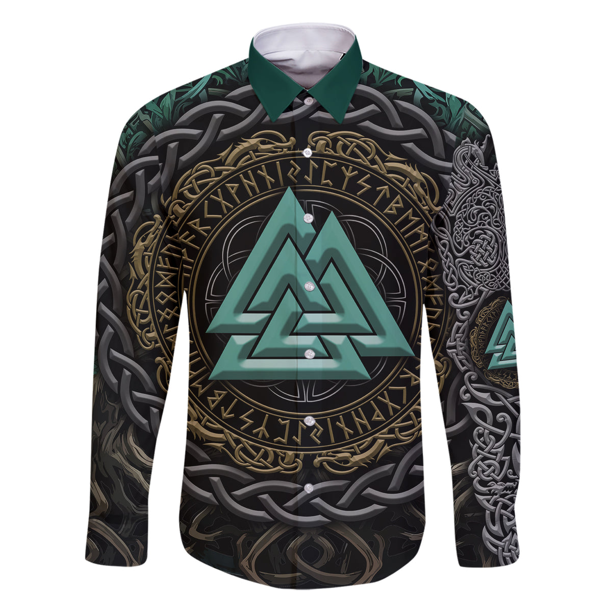 Viking Family Matching Short Sleeve Bodycon Dress and Hawaiian Shirt Cyan Valknut and Yggdrasil - Wonder Print Shop