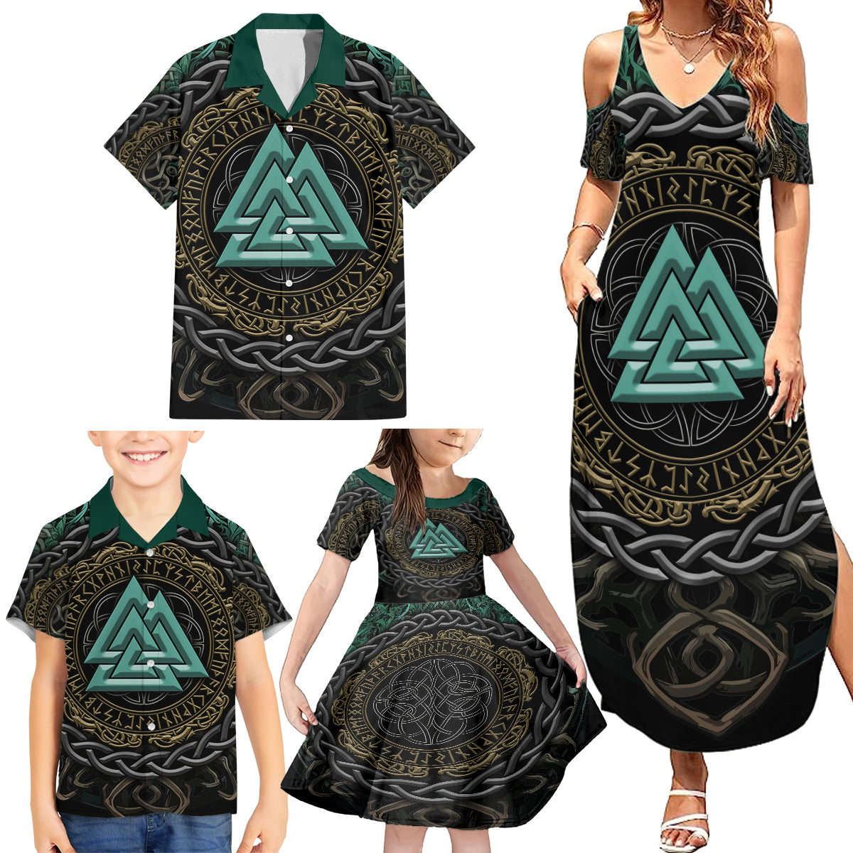 Viking Family Matching Summer Maxi Dress and Hawaiian Shirt Cyan Valknut and Yggdrasil - Wonder Print Shop