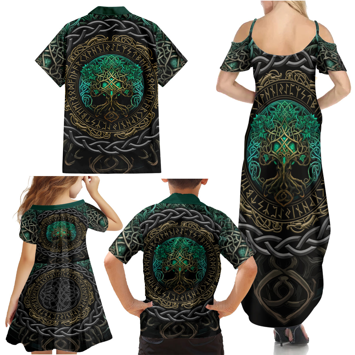 Viking Family Matching Summer Maxi Dress and Hawaiian Shirt Cyan Valknut and Yggdrasil - Wonder Print Shop
