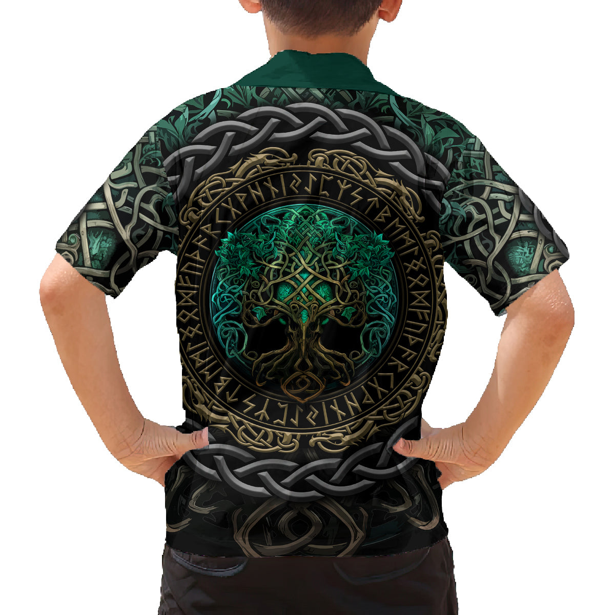 Viking Family Matching Tank Maxi Dress and Hawaiian Shirt Cyan Valknut and Yggdrasil - Wonder Print Shop