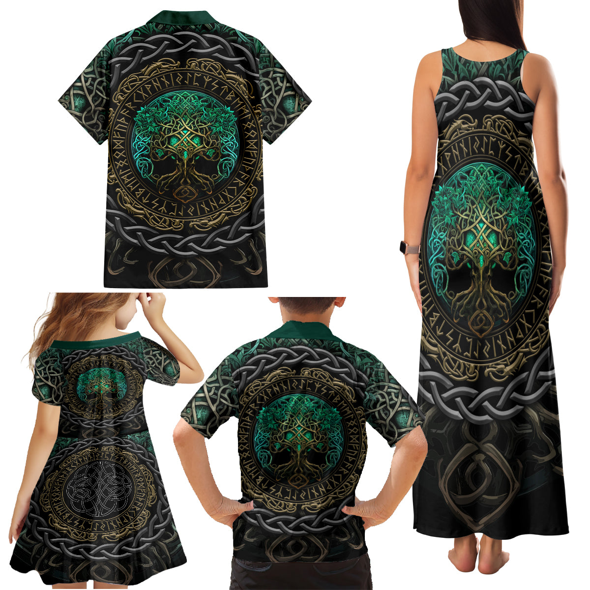 Viking Family Matching Tank Maxi Dress and Hawaiian Shirt Cyan Valknut and Yggdrasil - Wonder Print Shop