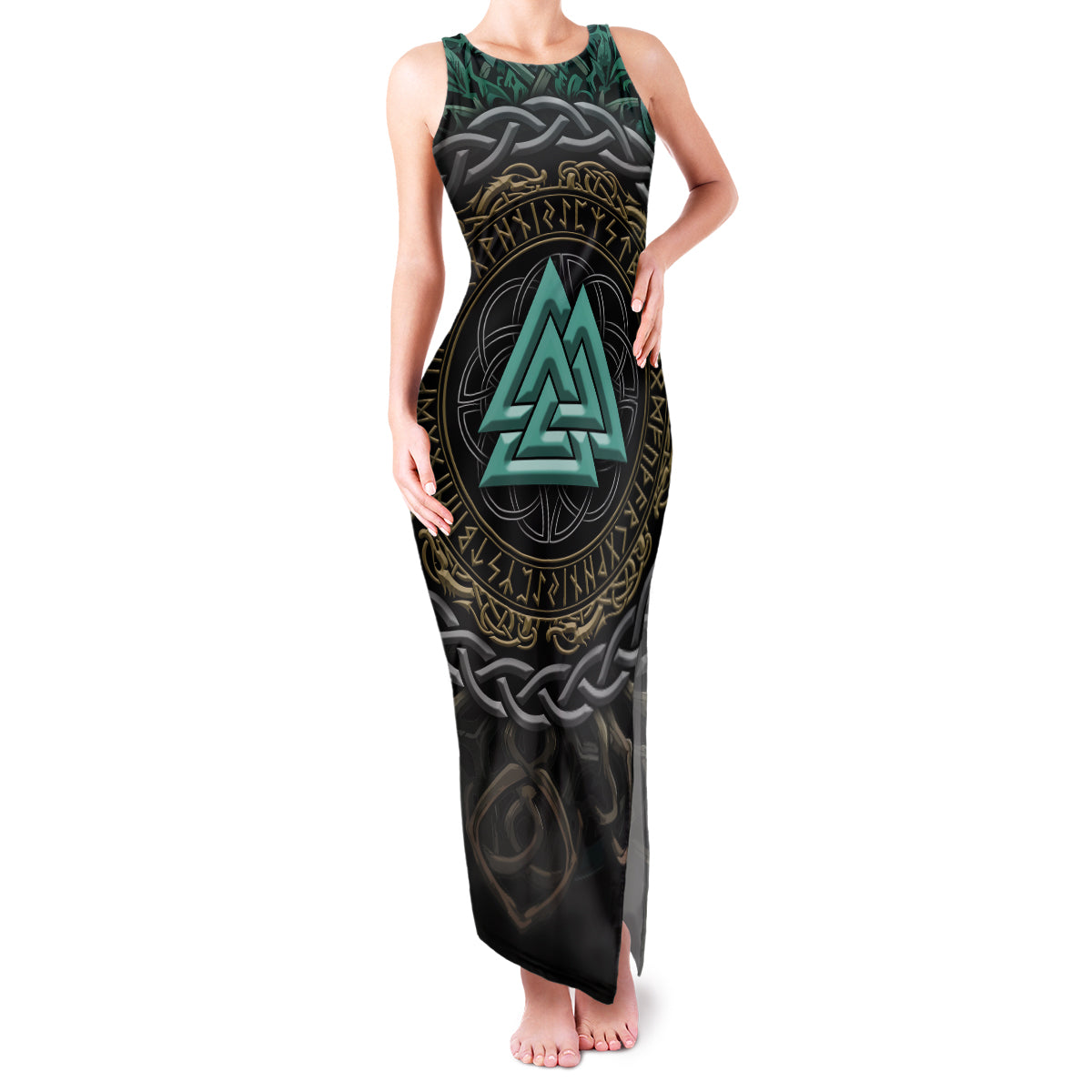 Viking Family Matching Tank Maxi Dress and Hawaiian Shirt Cyan Valknut and Yggdrasil - Wonder Print Shop