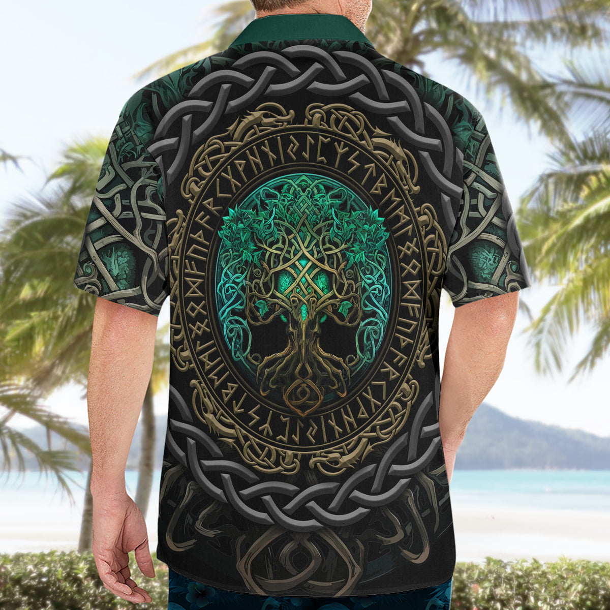 Viking Hawaiian Shirt Cyan Valknut and Yggdrasil - Wonder Print Shop
