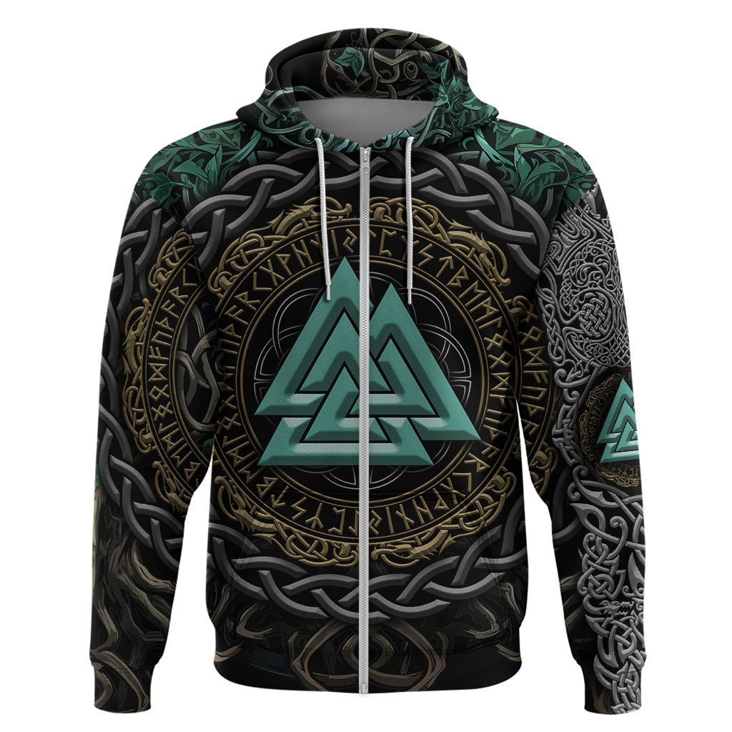 Viking Hoodie Cyan Valknut and Yggdrasil - Wonder Print Shop