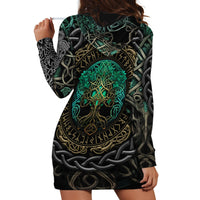 Viking Hoodie Dress Cyan Valknut and Yggdrasil - Wonder Print Shop