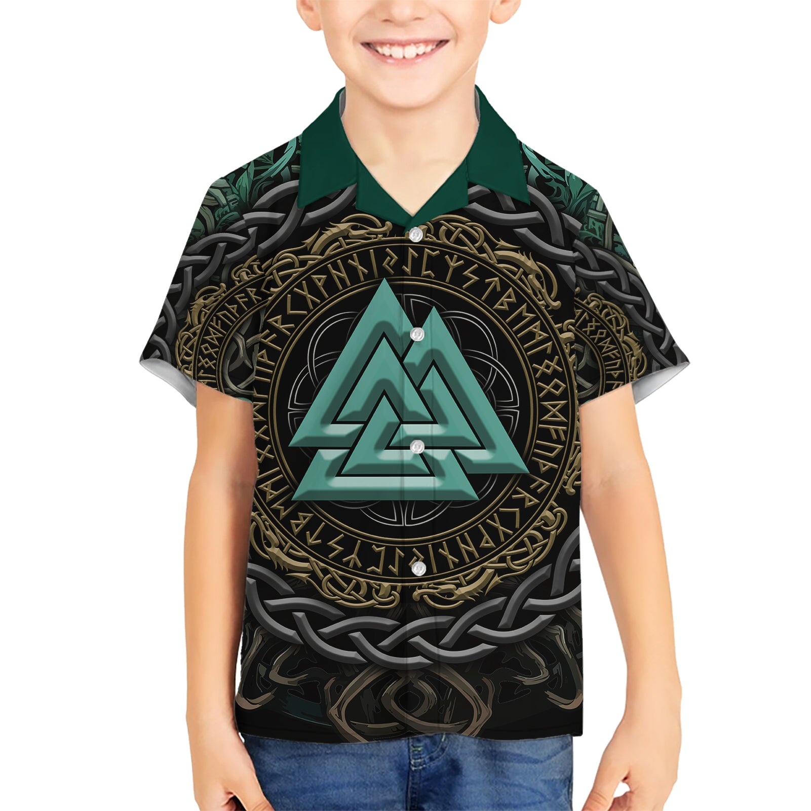 Viking Kid Hawaiian Shirt Cyan Valknut and Yggdrasil - Wonder Print Shop