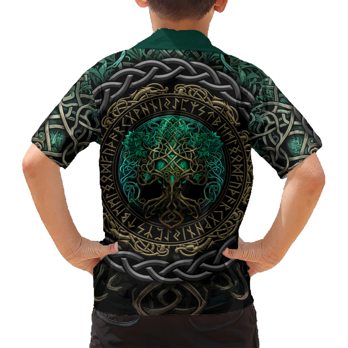 Viking Kid Hawaiian Shirt Cyan Valknut and Yggdrasil - Wonder Print Shop
