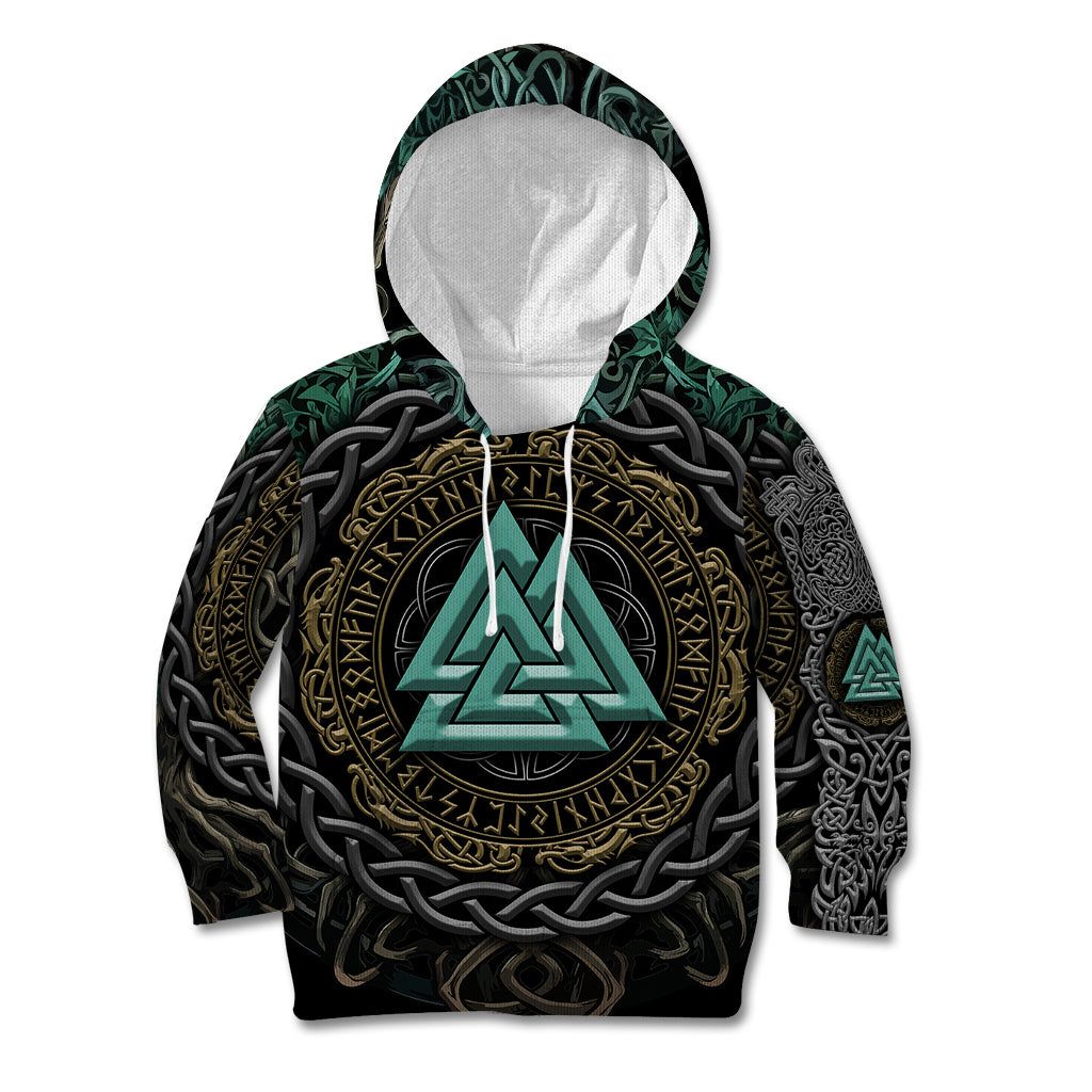 Viking Kid Hoodie Cyan Valknut and Yggdrasil - Wonder Print Shop