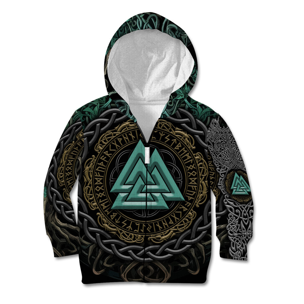 Viking Kid Hoodie Cyan Valknut and Yggdrasil - Wonder Print Shop