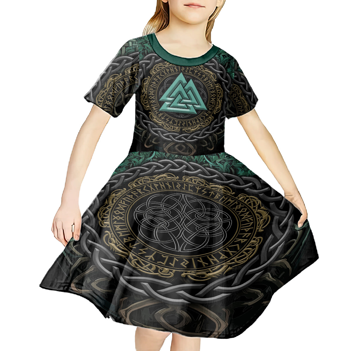 Viking Kid Short Sleeve Dress Cyan Valknut and Yggdrasil - Wonder Print Shop