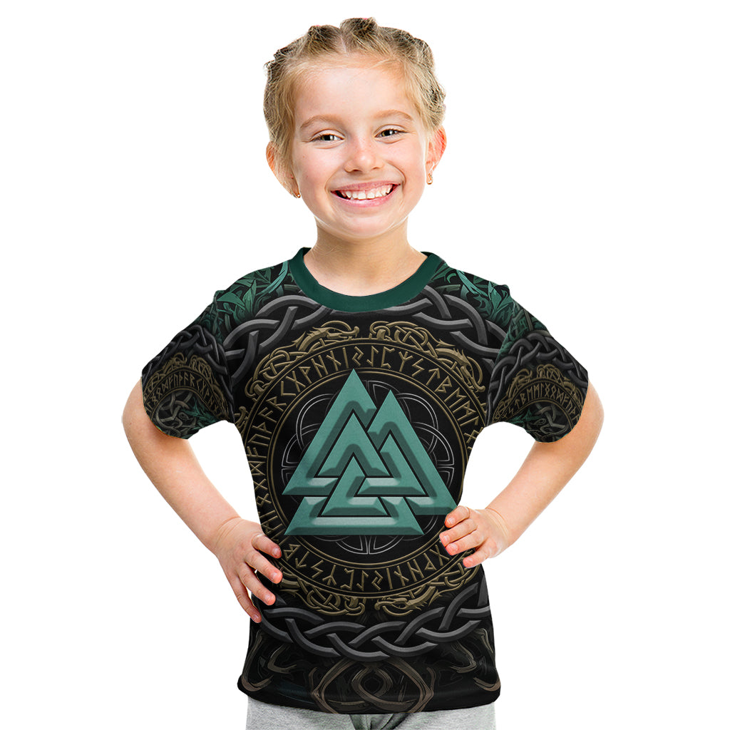 Viking Kid T Shirt Cyan Valknut and Yggdrasil - Wonder Print Shop