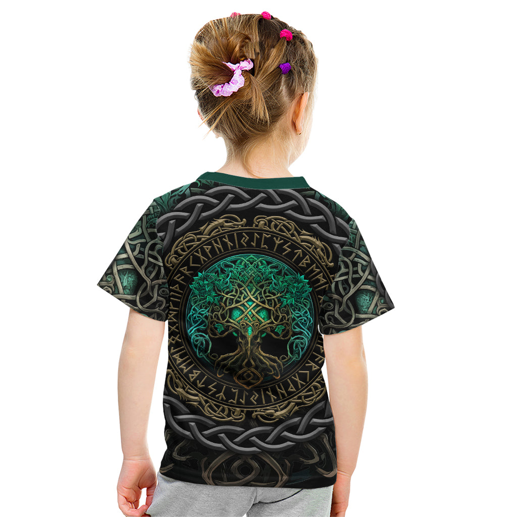 Viking Kid T Shirt Cyan Valknut and Yggdrasil - Wonder Print Shop