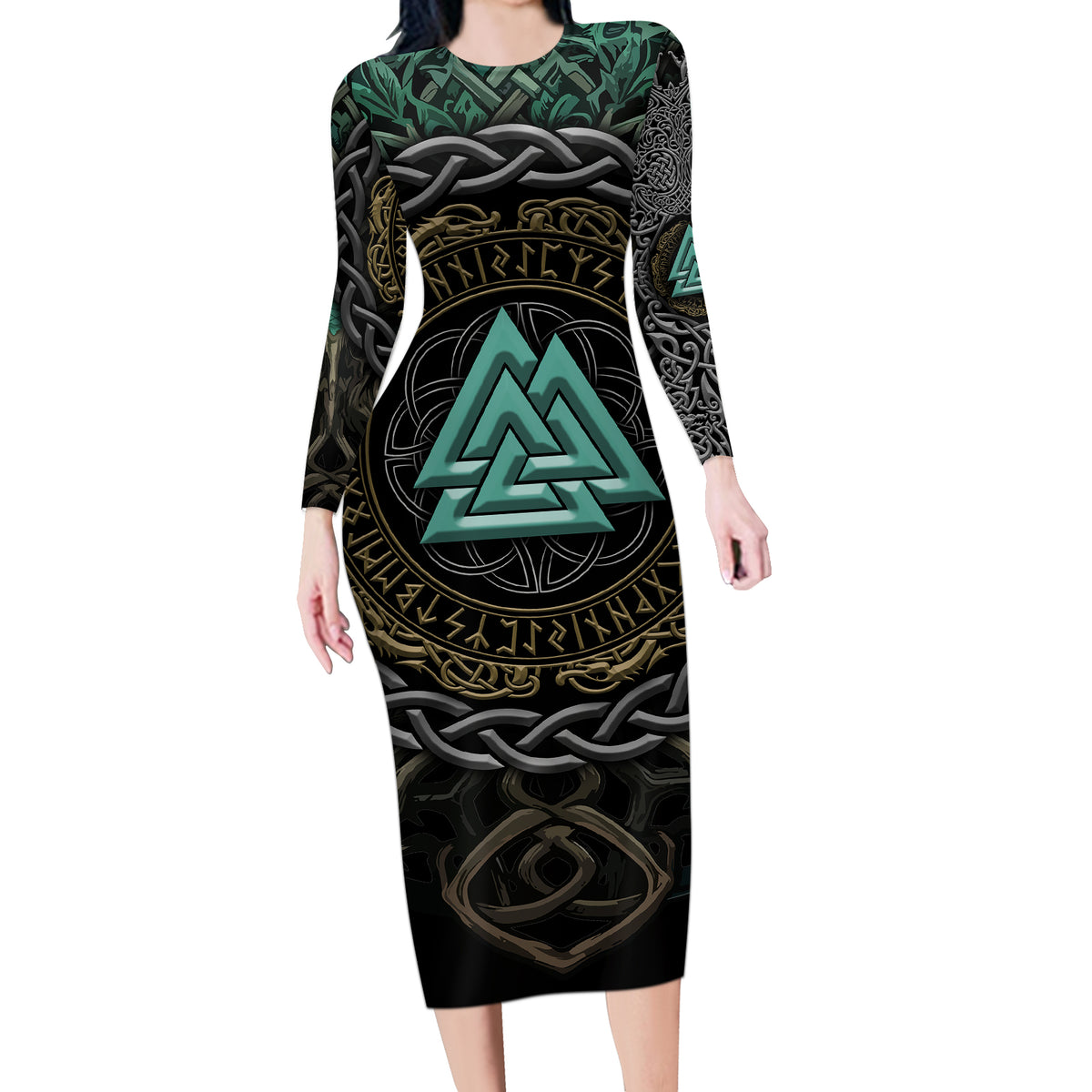 Viking Long Sleeve Bodycon Dress Cyan Valknut and Yggdrasil - Wonder Print Shop