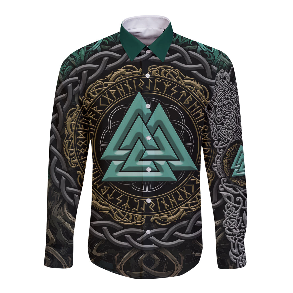 Viking Long Sleeve Button Shirt Cyan Valknut and Yggdrasil - Wonder Print Shop