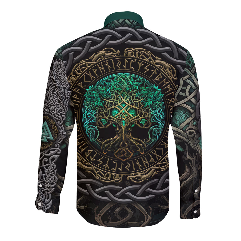 Viking Long Sleeve Button Shirt Cyan Valknut and Yggdrasil - Wonder Print Shop