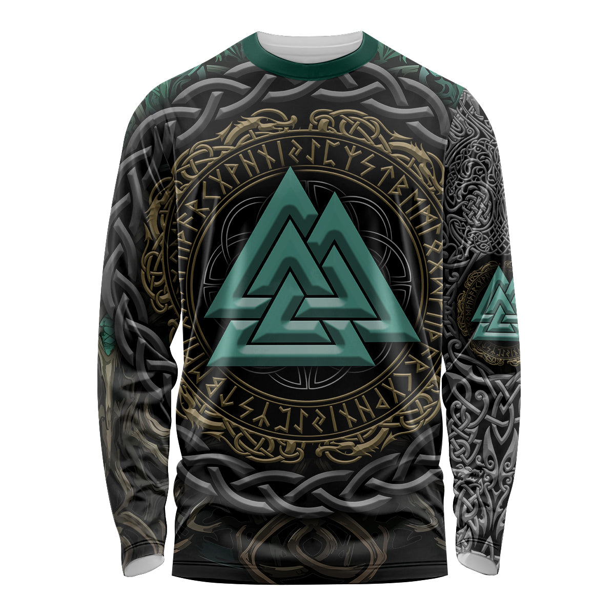 Viking Long Sleeve Shirt Cyan Valknut and Yggdrasil - Wonder Print Shop