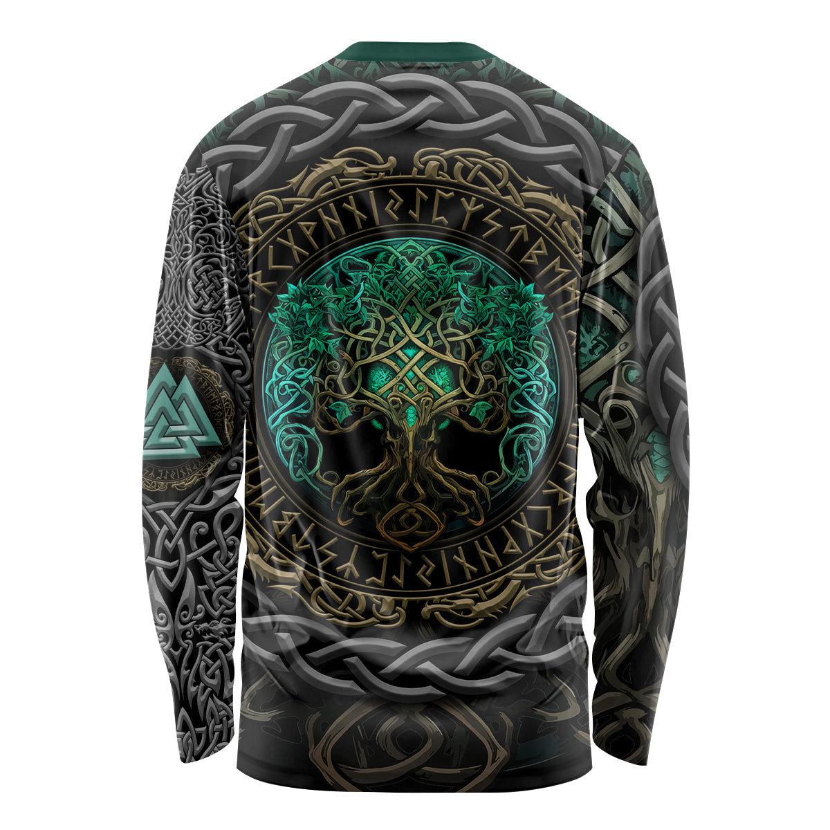 Viking Long Sleeve Shirt Cyan Valknut and Yggdrasil - Wonder Print Shop