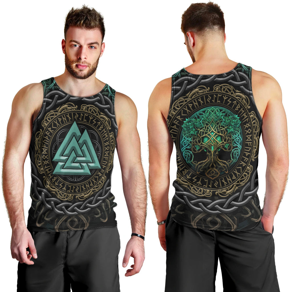 Viking Men Tank Top Cyan Valknut and Yggdrasil - Wonder Print Shop