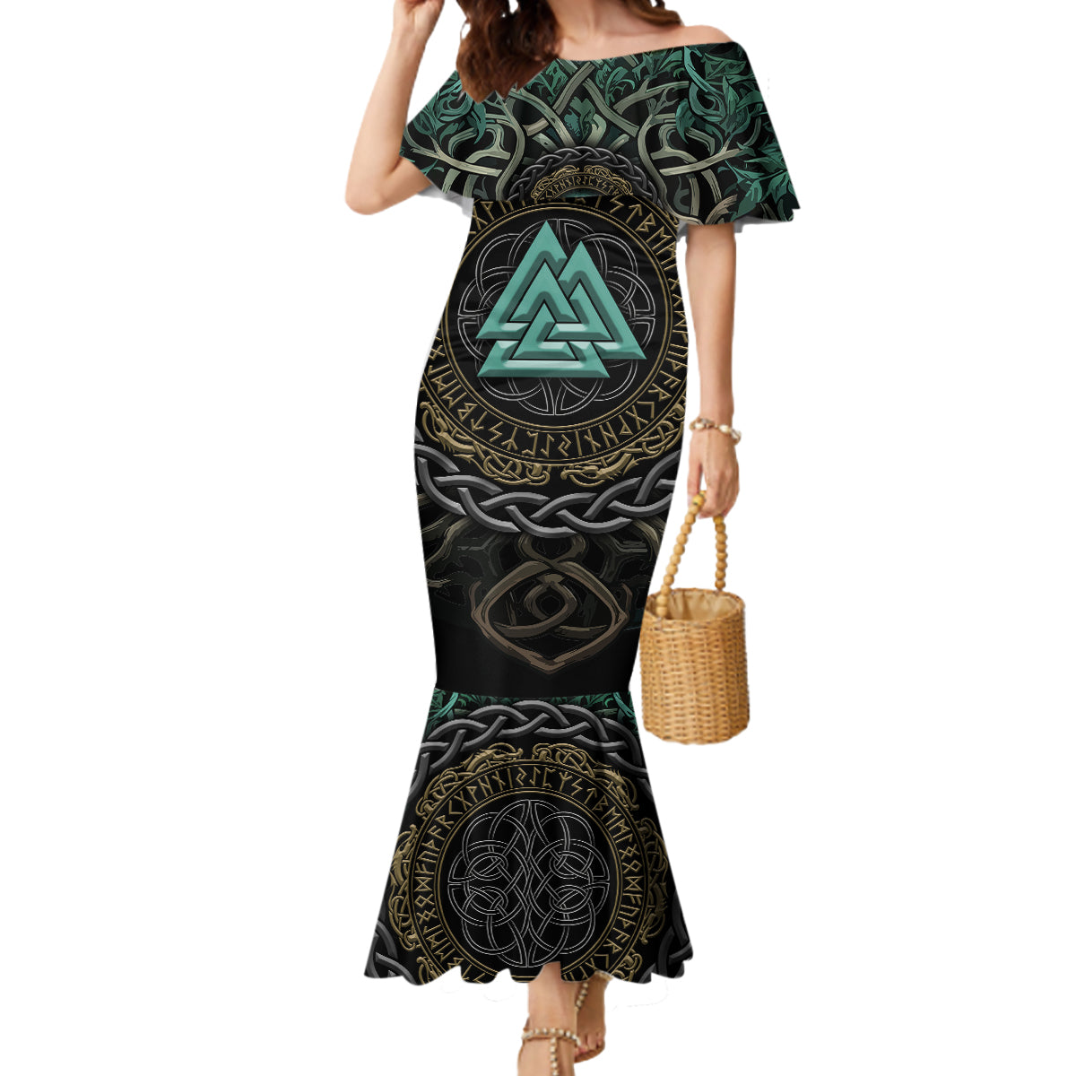 Viking Mermaid Dress Cyan Valknut and Yggdrasil - Wonder Print Shop