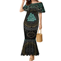 Viking Mermaid Dress Cyan Valknut and Yggdrasil - Wonder Print Shop