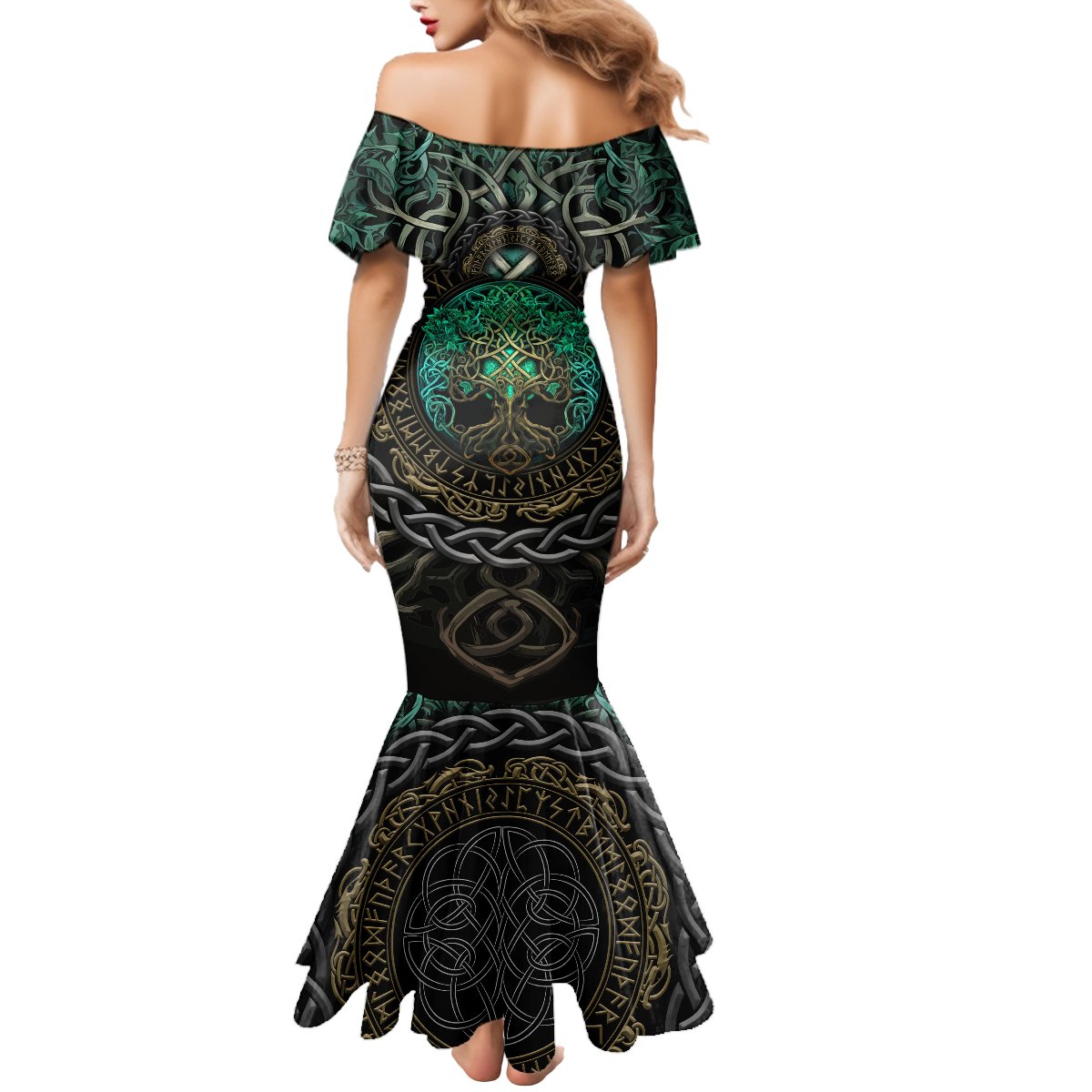 Viking Mermaid Dress Cyan Valknut and Yggdrasil - Wonder Print Shop