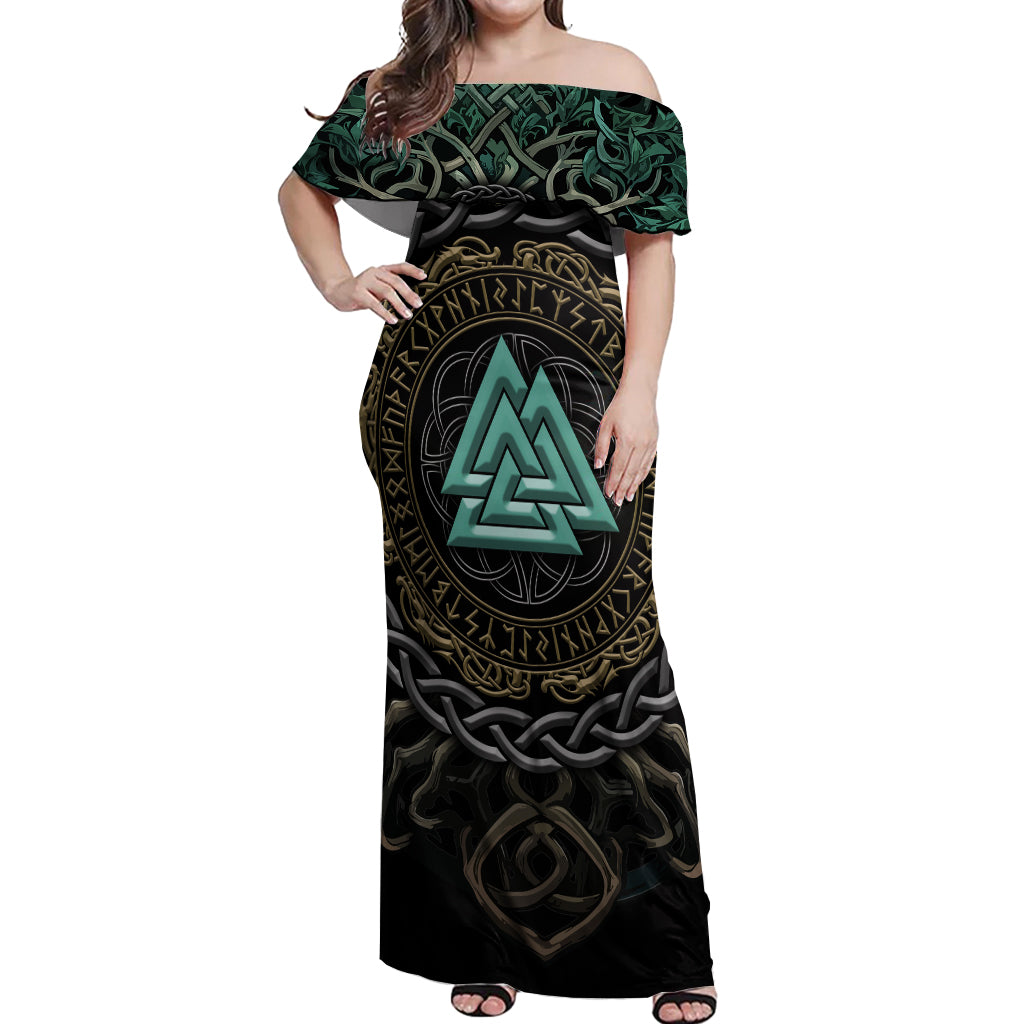 Viking Off Shoulder Maxi Dress Cyan Valknut and Yggdrasil - Wonder Print Shop