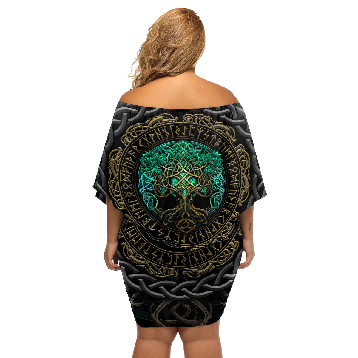 Viking Off Shoulder Short Dress Cyan Valknut and Yggdrasil - Wonder Print Shop