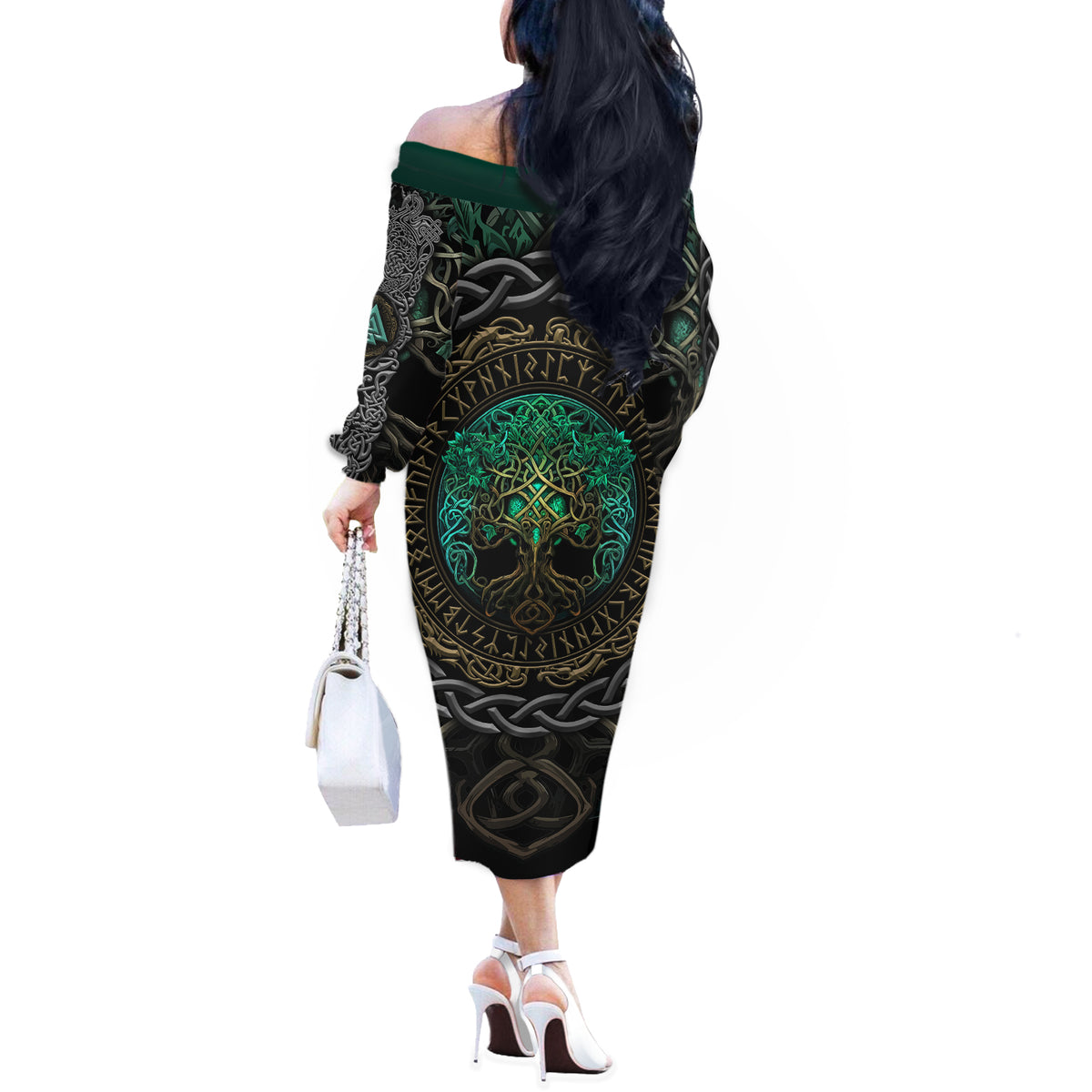 Viking Off The Shoulder Long Sleeve Dress Cyan Valknut and Yggdrasil - Wonder Print Shop