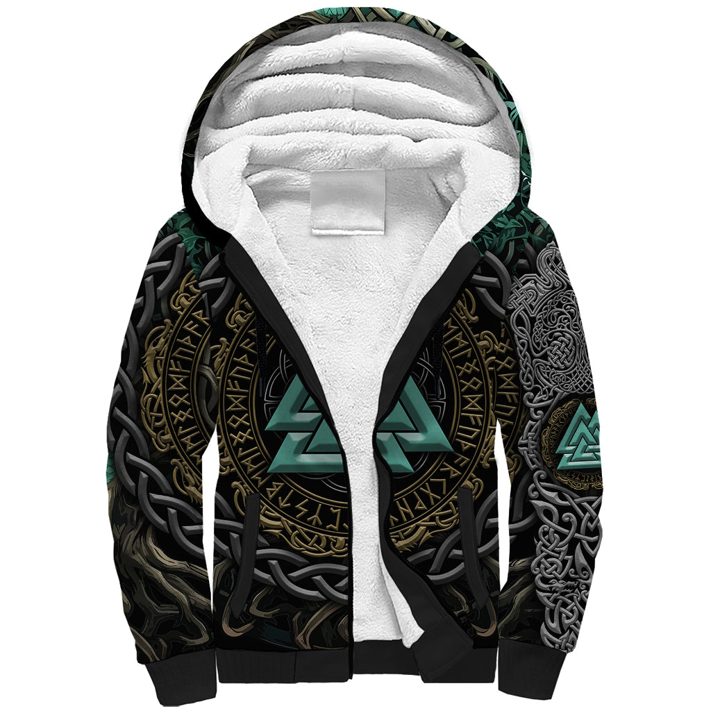 Viking Sherpa Hoodie Cyan Valknut and Yggdrasil - Wonder Print Shop