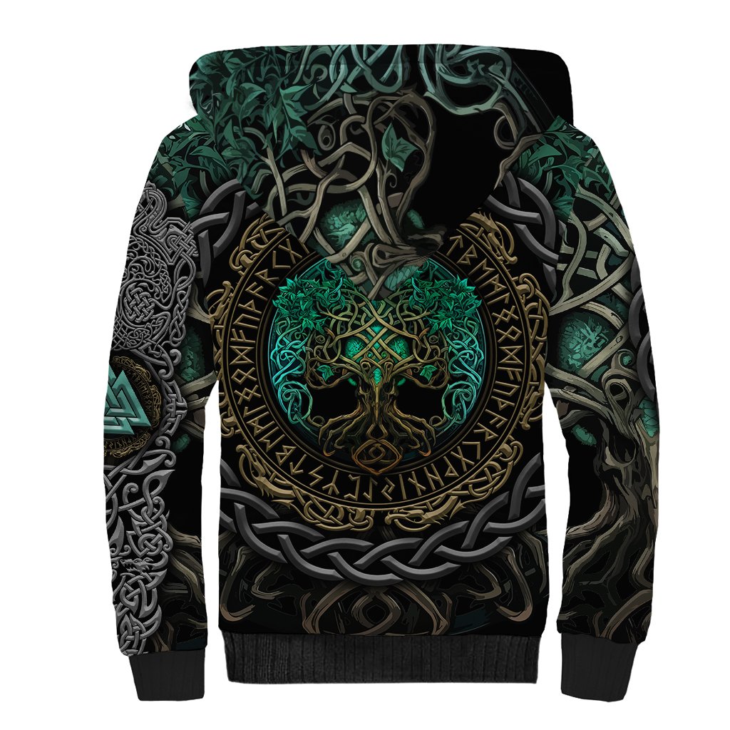 Viking Sherpa Hoodie Cyan Valknut and Yggdrasil - Wonder Print Shop