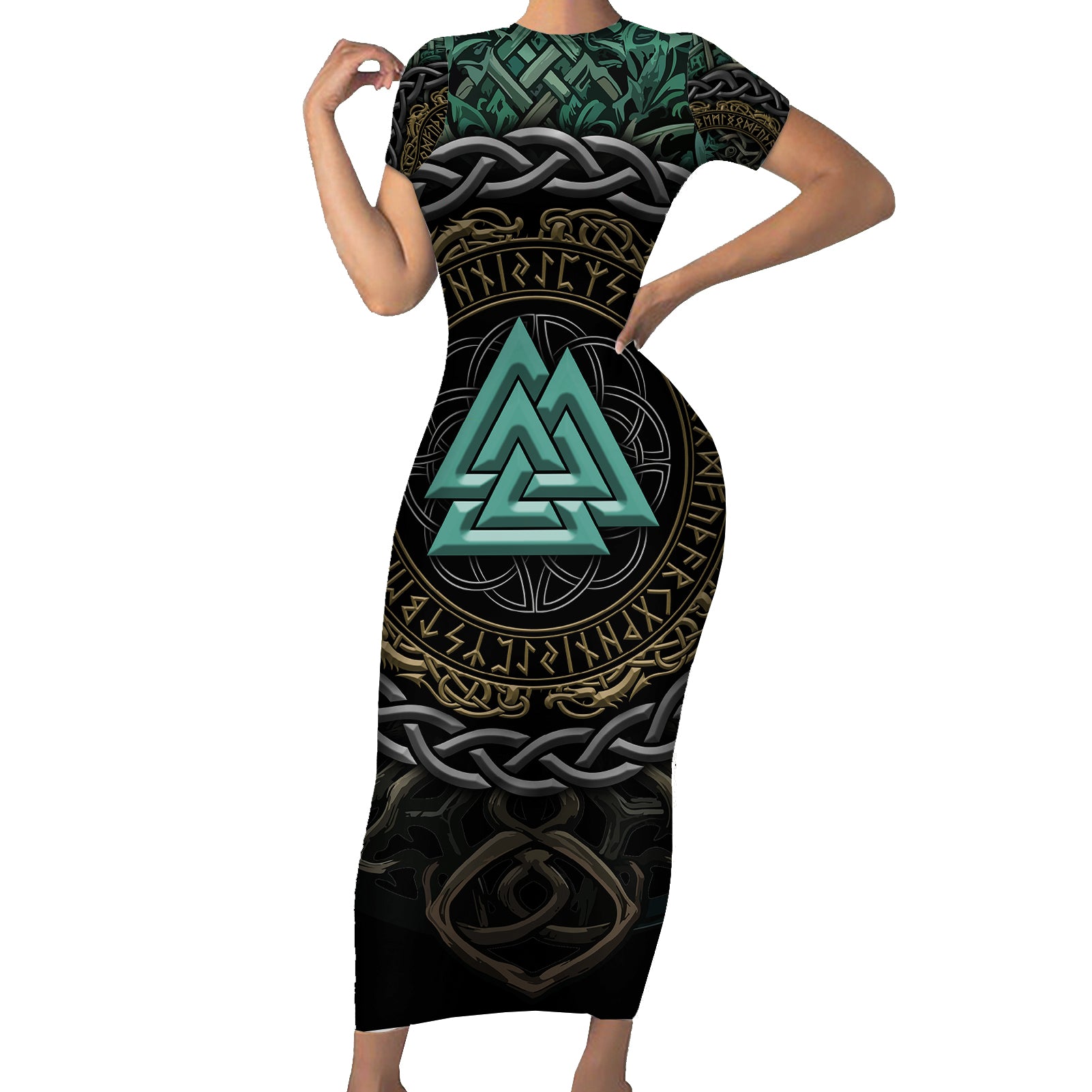 Viking Short Sleeve Bodycon Dress Cyan Valknut and Yggdrasil - Wonder Print Shop