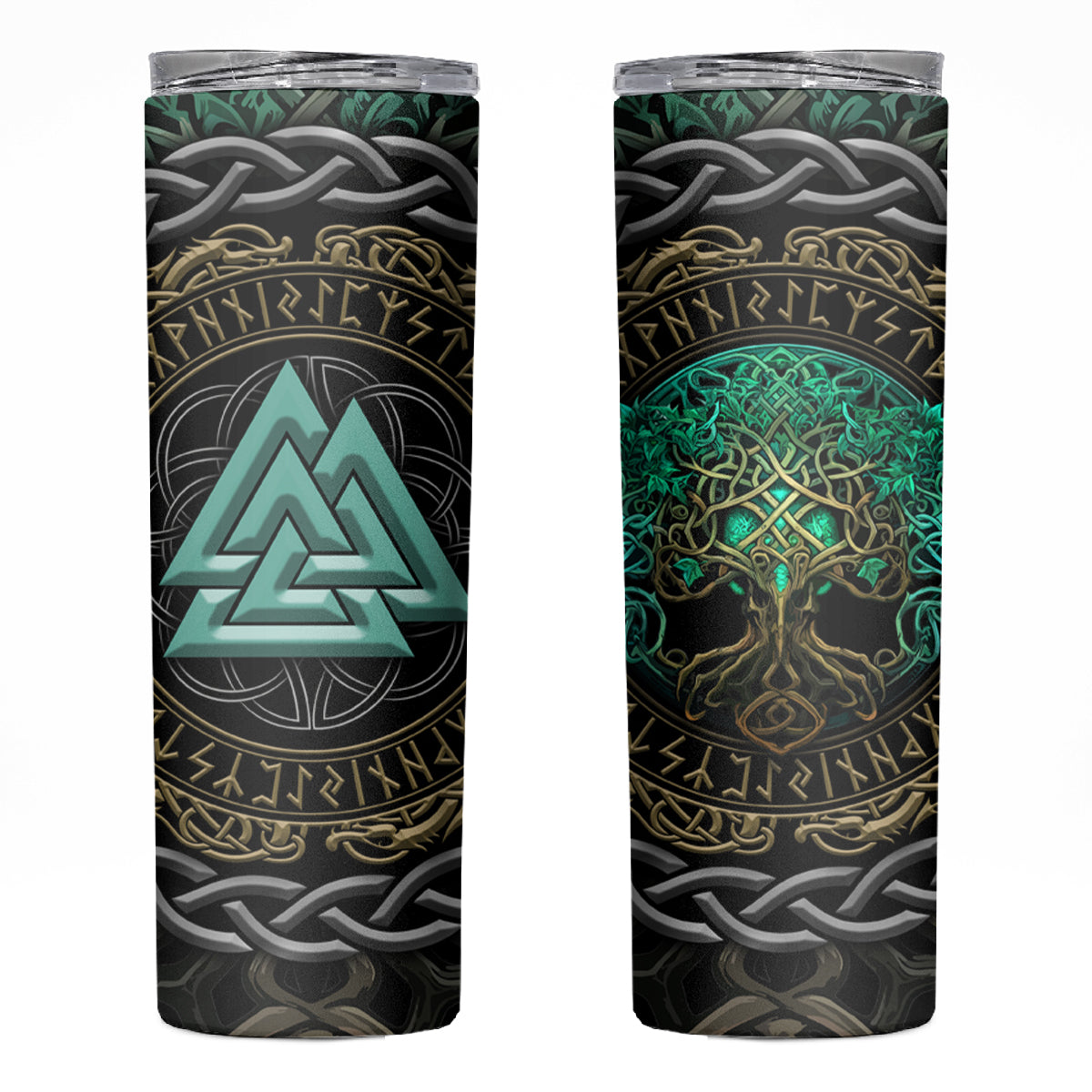 Viking Skinny Tumbler Cyan Valknut and Yggdrasil - Wonder Print Shop