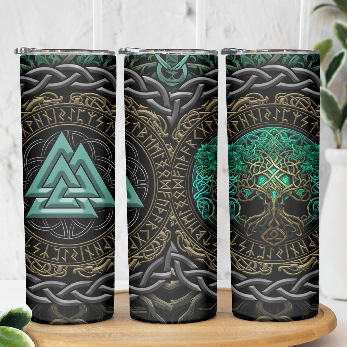 Viking Skinny Tumbler Cyan Valknut and Yggdrasil - Wonder Print Shop