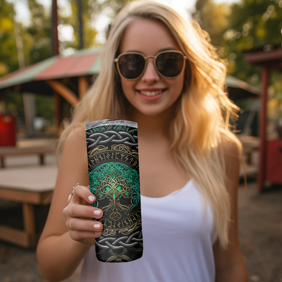 Viking Skinny Tumbler Cyan Valknut and Yggdrasil - Wonder Print Shop