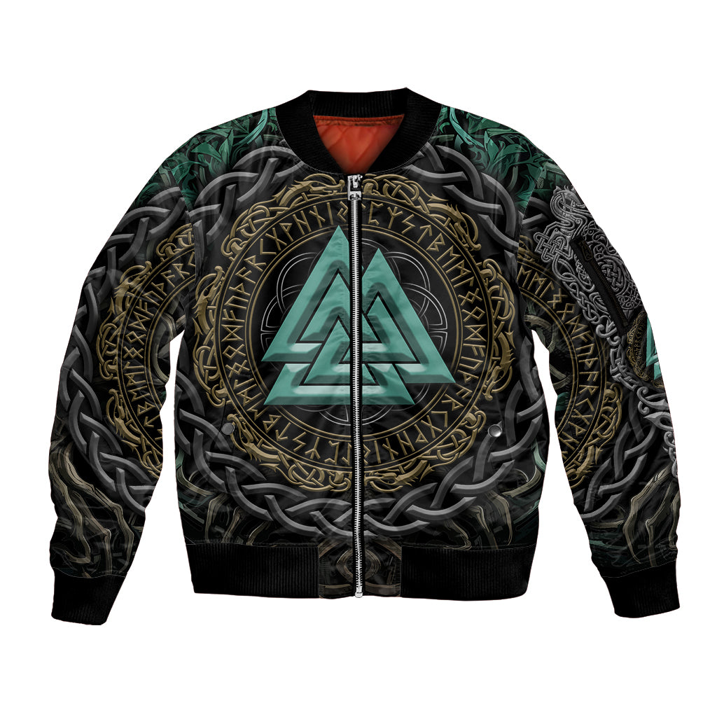 Viking Sleeve Zip Bomber Jacket Cyan Valknut and Yggdrasil - Wonder Print Shop