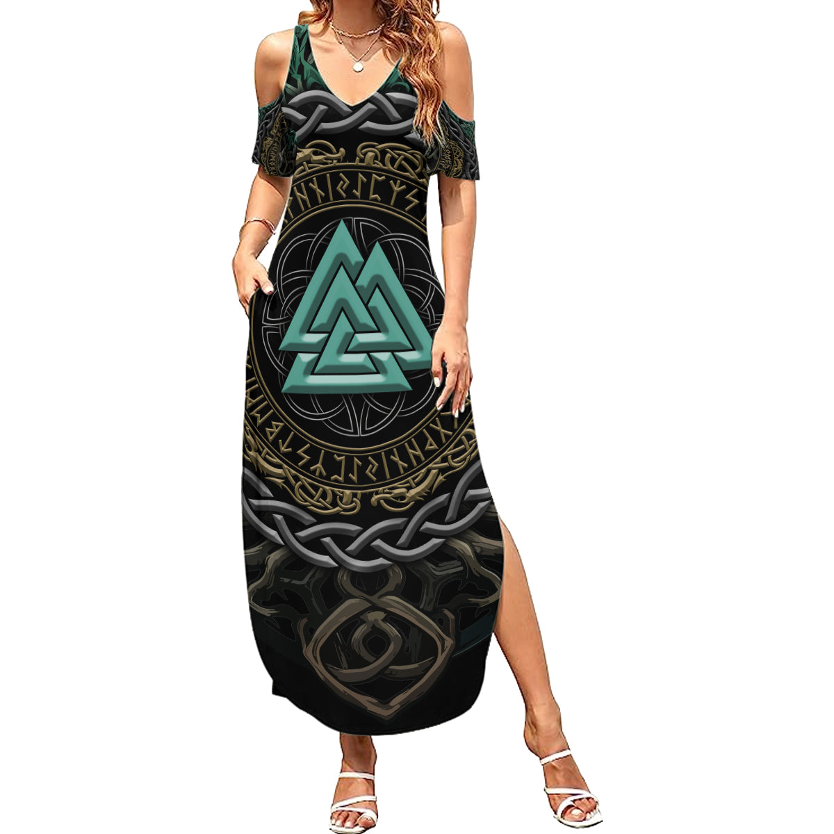 Viking Summer Maxi Dress Cyan Valknut and Yggdrasil - Wonder Print Shop