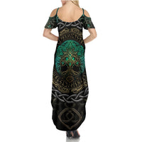 Viking Summer Maxi Dress Cyan Valknut and Yggdrasil - Wonder Print Shop