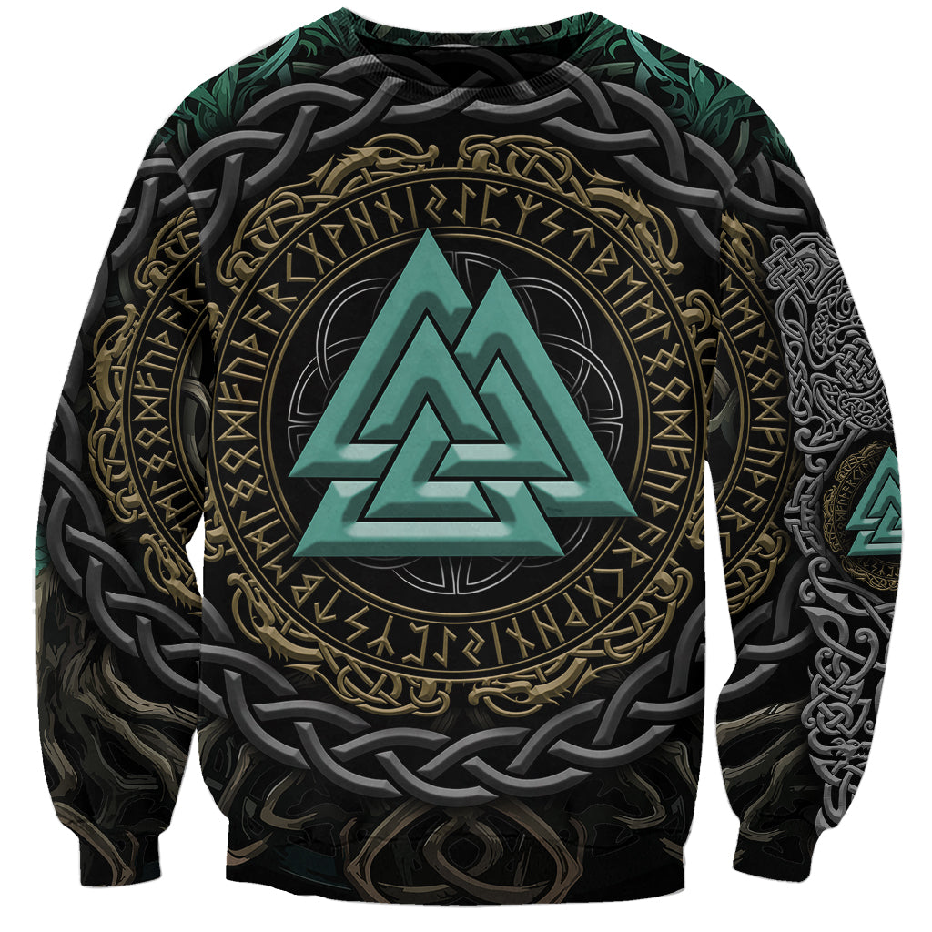 Viking Sweatshirt Cyan Valknut and Yggdrasil - Wonder Print Shop