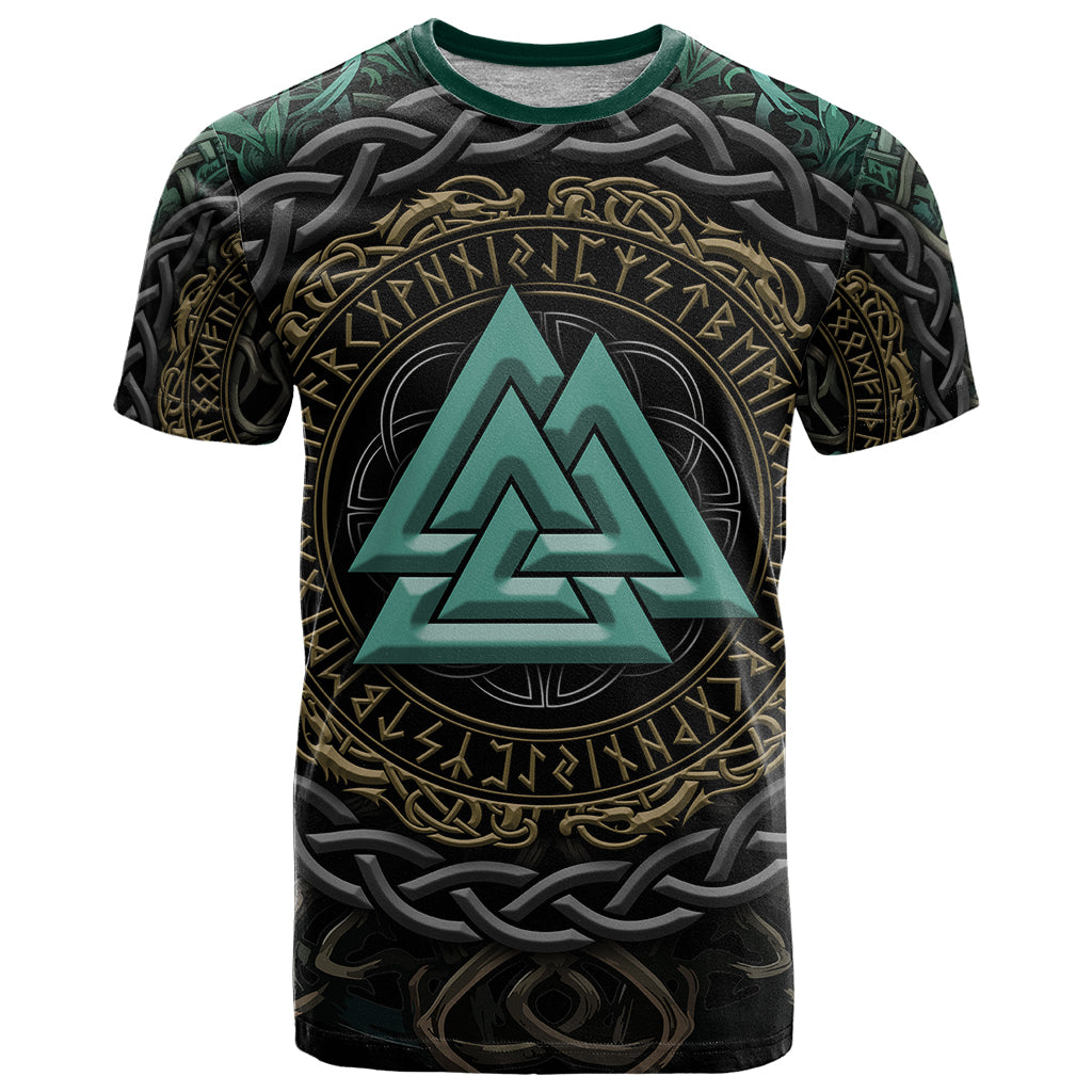 Viking T Shirt Cyan Valknut and Yggdrasil - Wonder Print Shop
