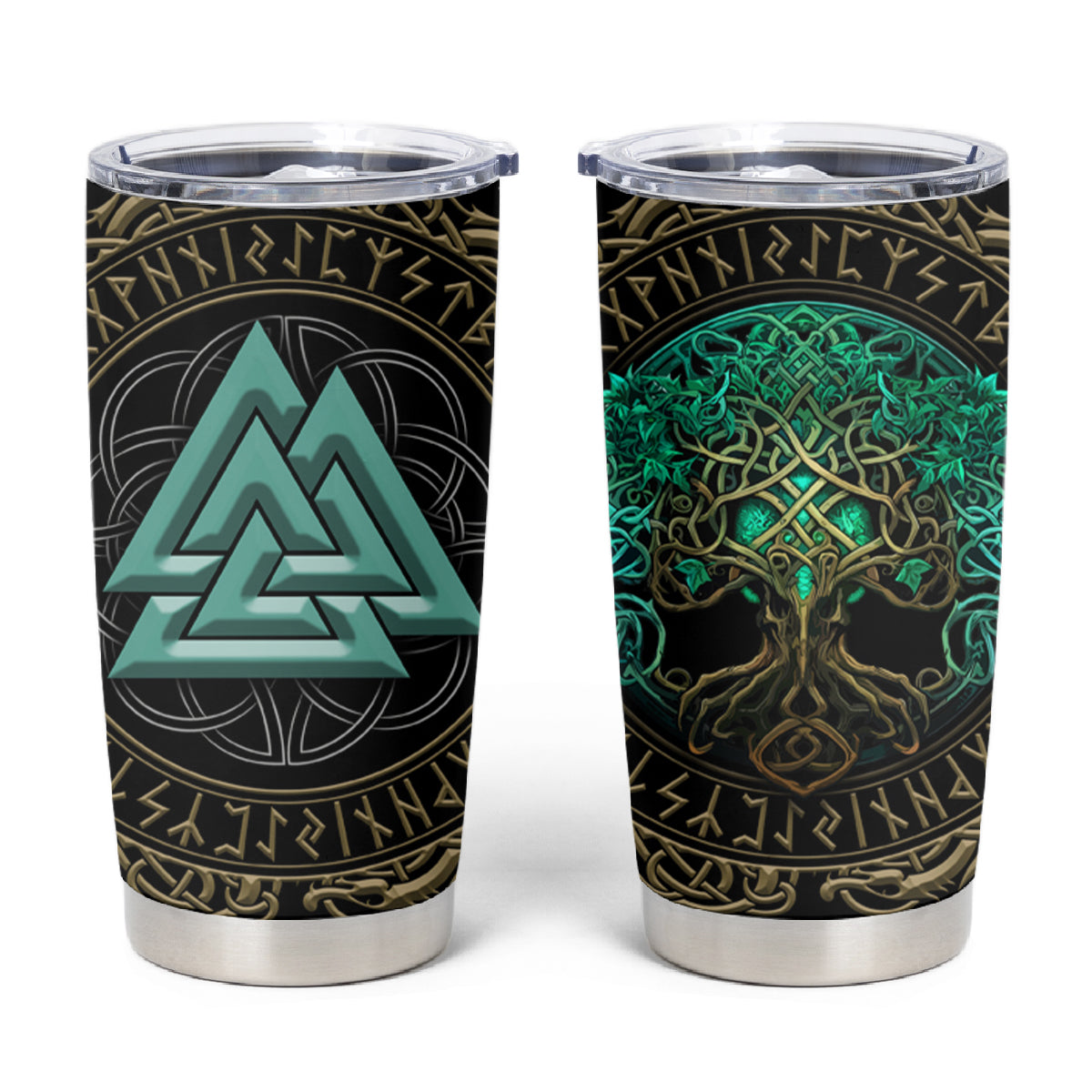 Viking Tumbler Cup Cyan Valknut and Yggdrasil - Wonder Print Shop