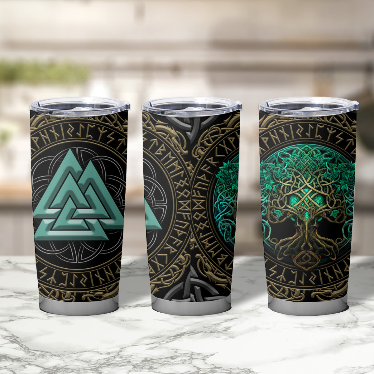 Viking Tumbler Cup Cyan Valknut and Yggdrasil - Wonder Print Shop