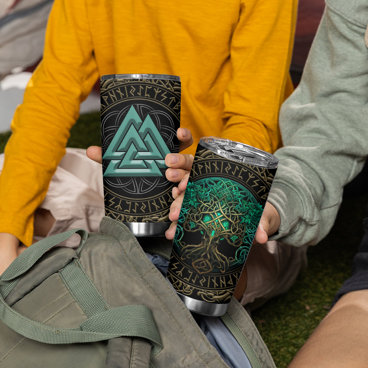Viking Tumbler Cup Cyan Valknut and Yggdrasil - Wonder Print Shop