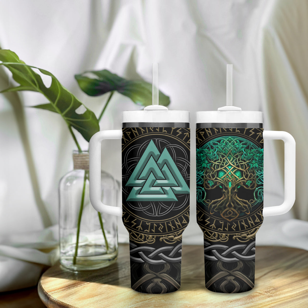 Viking Tumbler With Handle Cyan Valknut and Yggdrasil - Wonder Print Shop