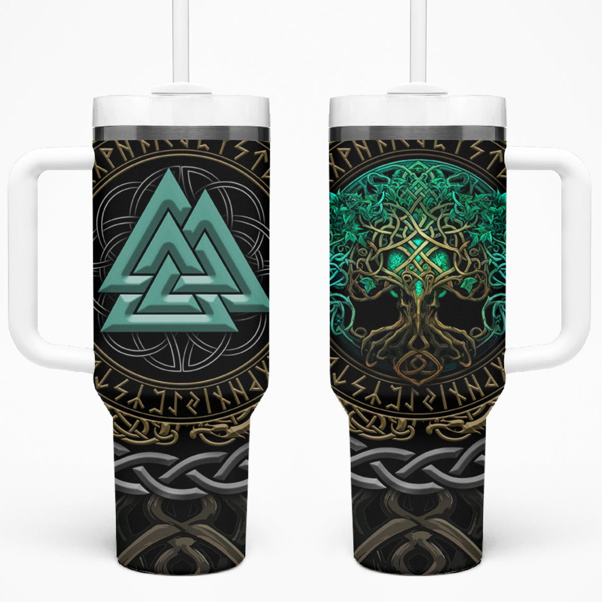 Viking Tumbler With Handle Cyan Valknut and Yggdrasil - Wonder Print Shop